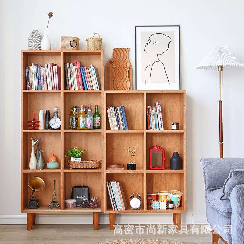 日式实木书架简约展示多格置物架北欧白橡木书柜落地樱桃木收纳柜
