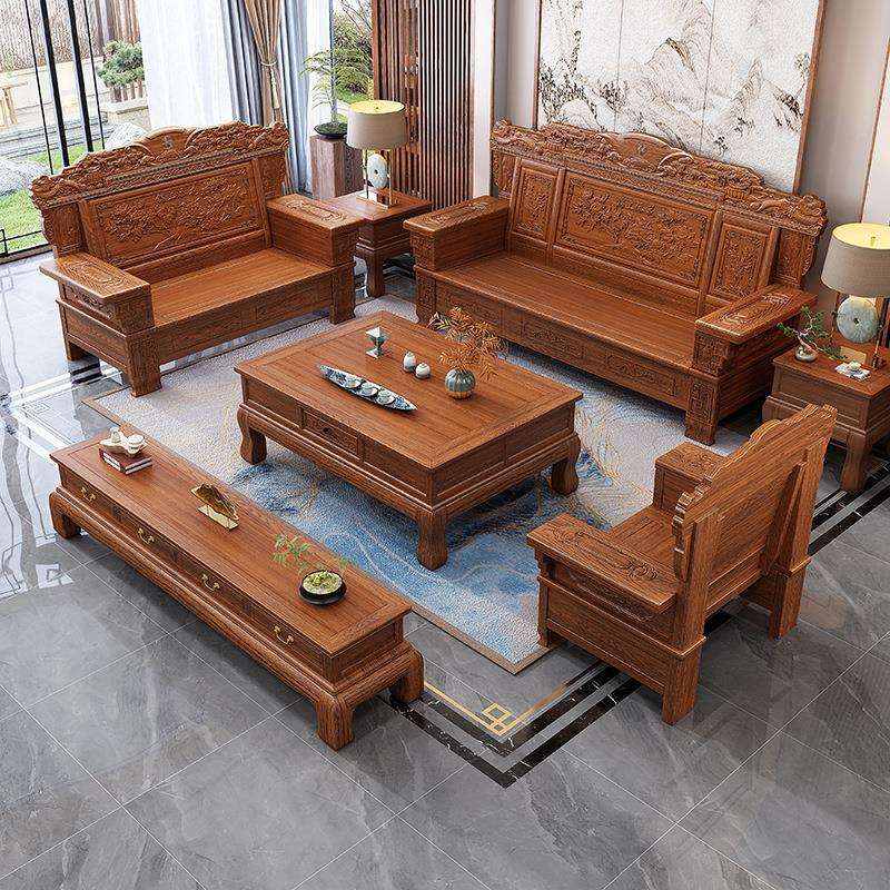 中式花梨木实木沙发组合仿古雕花大户型冬夏两用明清古典别墅家具