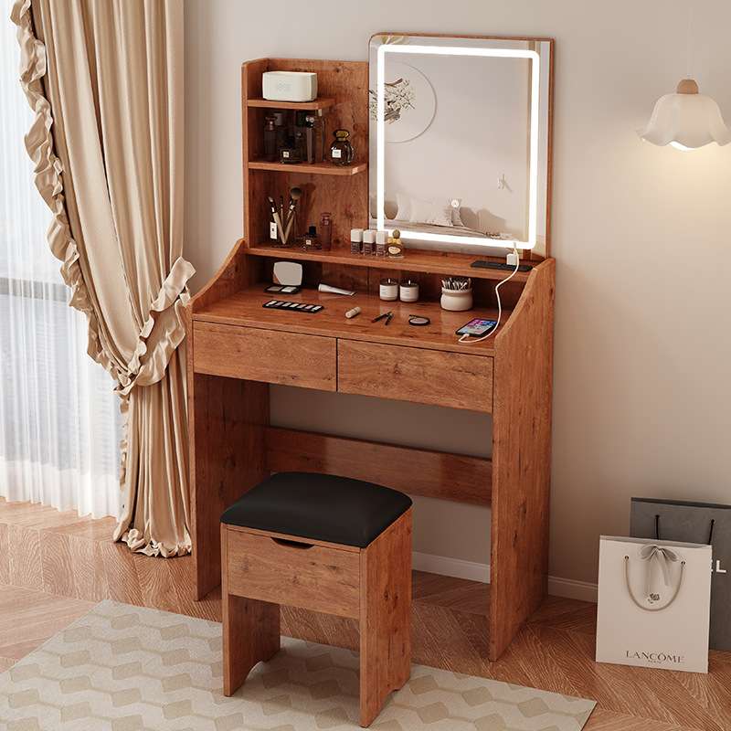 Dressing table复古棕色梳妆台带镜子化妆桌多功能小型化妆台外贸