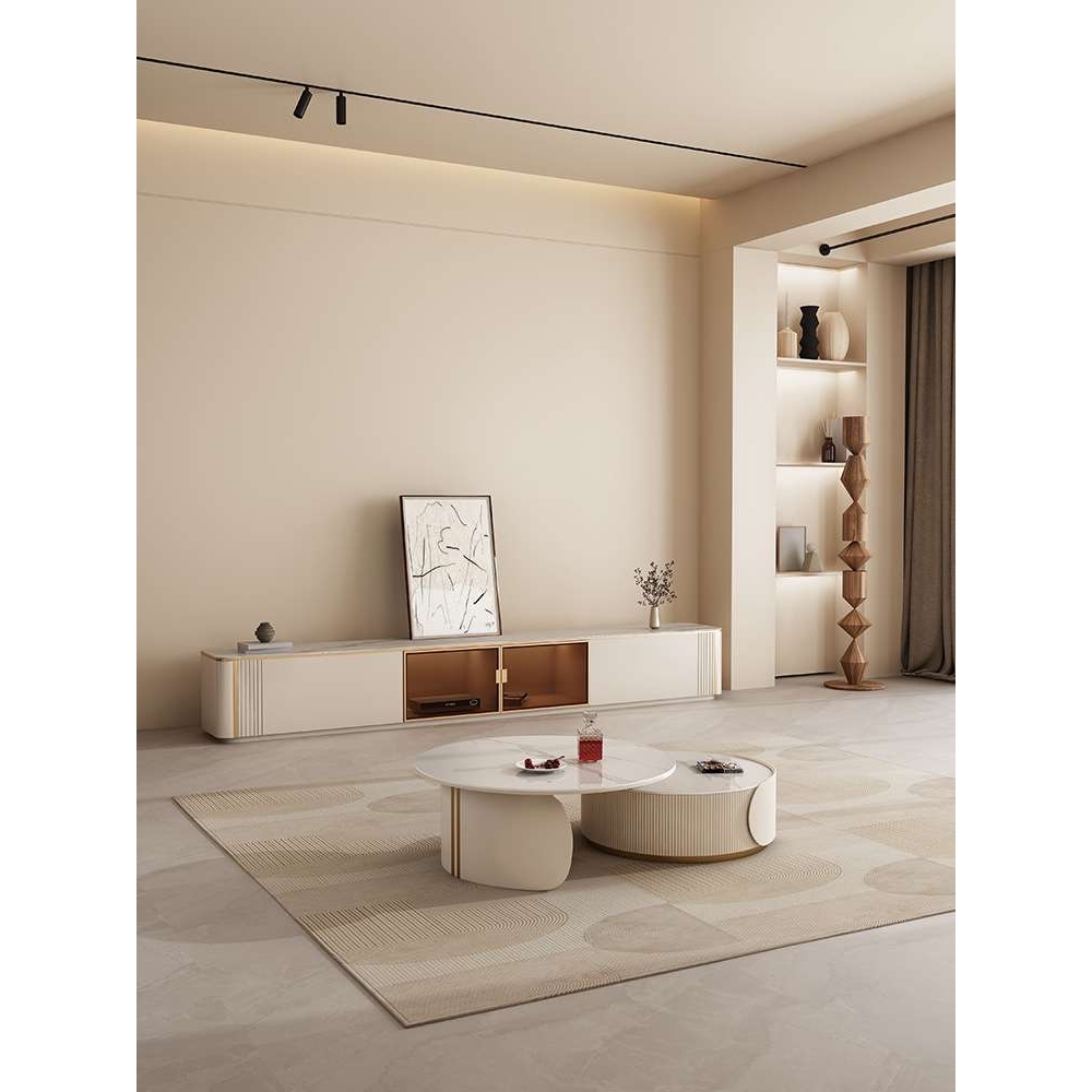 奶油风茶几现代轻奢小户型客厅家用2024新款网红圆形岩板茶几桌子