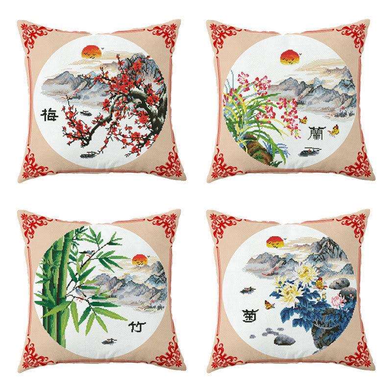 厂家直销梅兰竹菊十字绣抱枕枕套