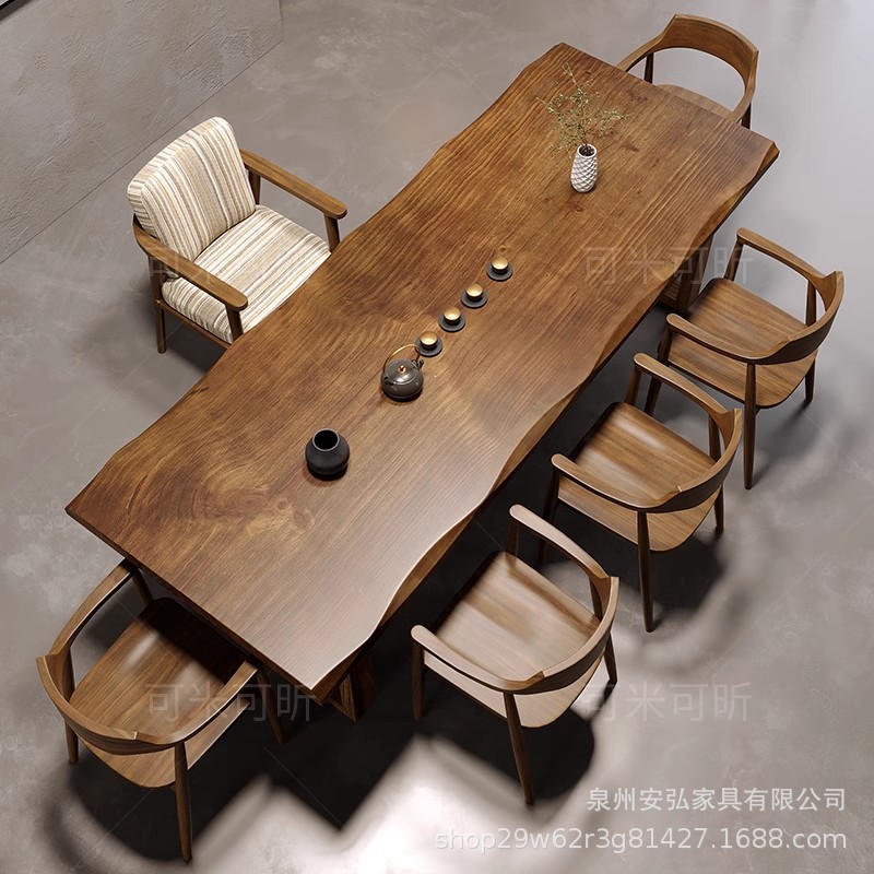 实木大板茶桌椅组合一桌六椅茶几办公室客厅家用泡茶台新中式茶桌