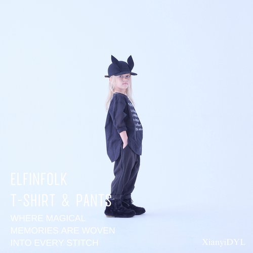 Elfinfolk日本25AW男童女童秋冬纯棉长袖T恤上衣长裤宽松锥形裤