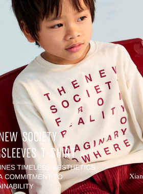 the new society纯棉白色长袖T恤字母印花25AW打底衫男童女童上衣