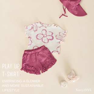 PLAYUP婴儿女宝有机棉混纺亚麻条纹小花短袖T恤上衣圆领粉色黄色
