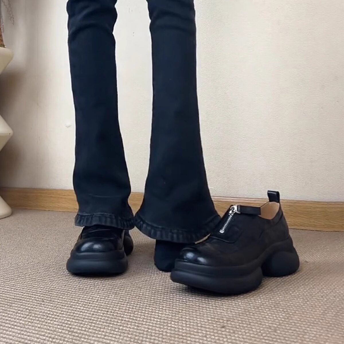 羊皮版~厚底松糕底深口乐福鞋女一脚蹬圆头复古小皮鞋百搭单鞋子