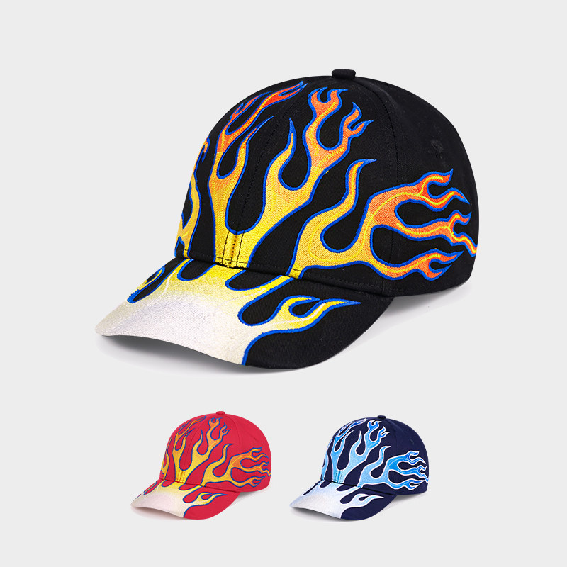 纯棉刺绣鸭舌帽半硬顶火焰棒球帽潮流街头撞色大头围运动嘻哈帽子