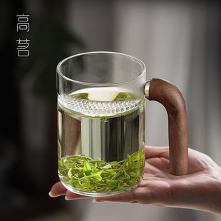月牙杯泡绿茶玻璃杯高级带把手个人家用过滤茶杯喝茶喝水杯子