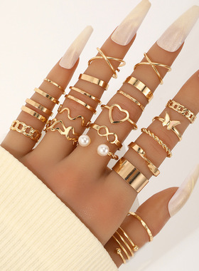 欧美跨境爆款设计感小众蝴蝶戒指开口关节戒指套装22件套爱心