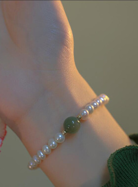 天然淡水珍珠和田玉手链女 美产14K包金小众轻奢高级感新中式