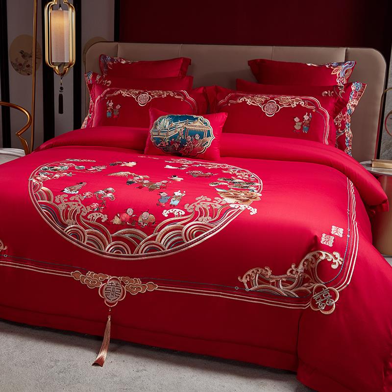中式套GYN16支纯百子图婚庆四件套大红喜棉被结婚十0件床上用品