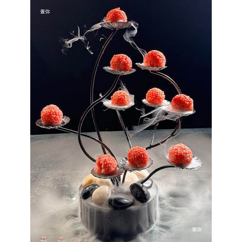 干荔饰枝虾球摆盘铁艺花架树中式冰甜品创菜品装点心托盘意境无品