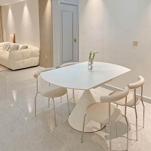 PC法式奢简家用餐桌椅约组合型折叠圆奶油风小轻户伸缩EJU岩板餐