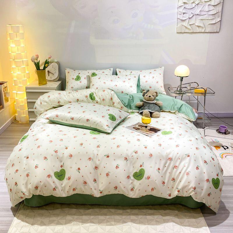 小清新冰丝四件夏季被床上用品套丝滑裸睡罩被套宿舍人床单三S8fD