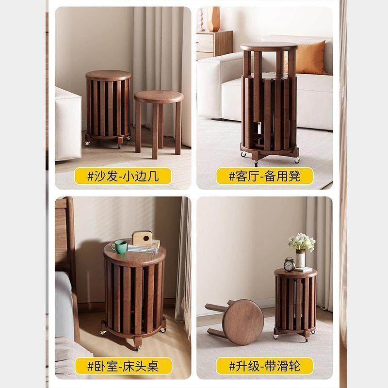 实木可待放茶几组合凳子叠乐叠叠圆凳餐桌无品牌/客备用凳带滑轮