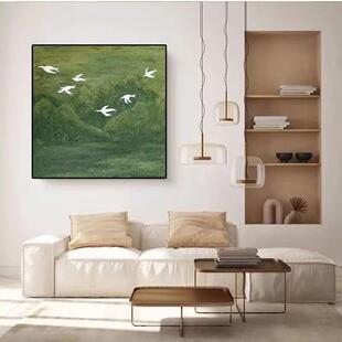 手绘油画绿色客青厅玄关装饰画山飞石HKW英形砂立鸟体画中式正方