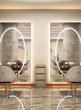 大镜理发店发专用剪发烫专染镜子led灯单VMK双圆面落地美发镜台廊