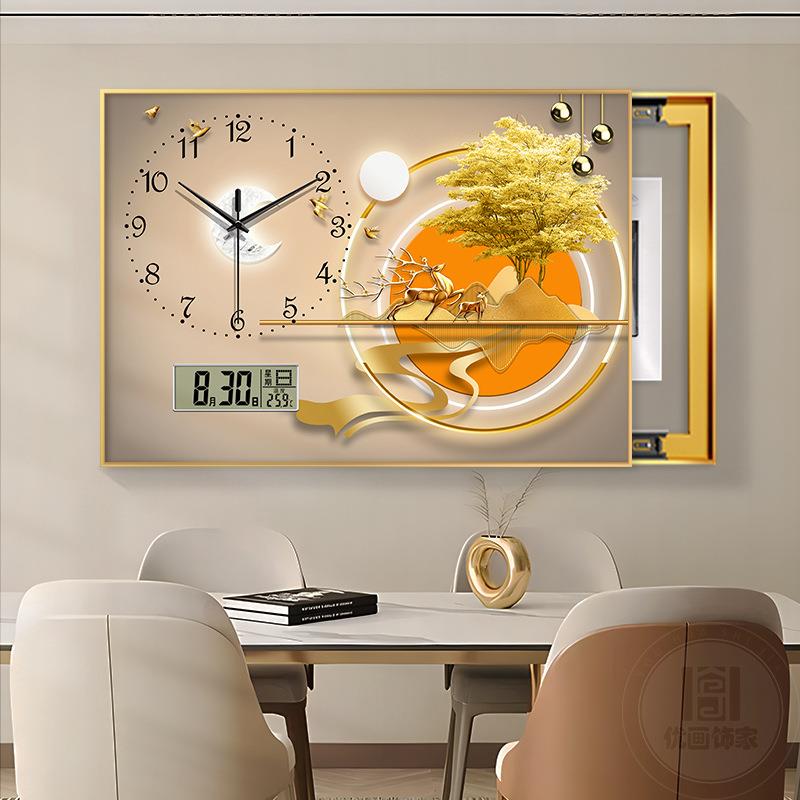 轻奢羽毛电表箱装饰画现代简约带钟表万年历遮挡配电箱电子钟挂画
