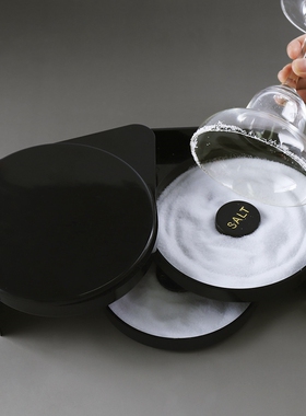 鸡尾酒杯盐边盒 柠檬盐糖酒杯沾边盒 酒吧调酒黑色三层调味盒塑料