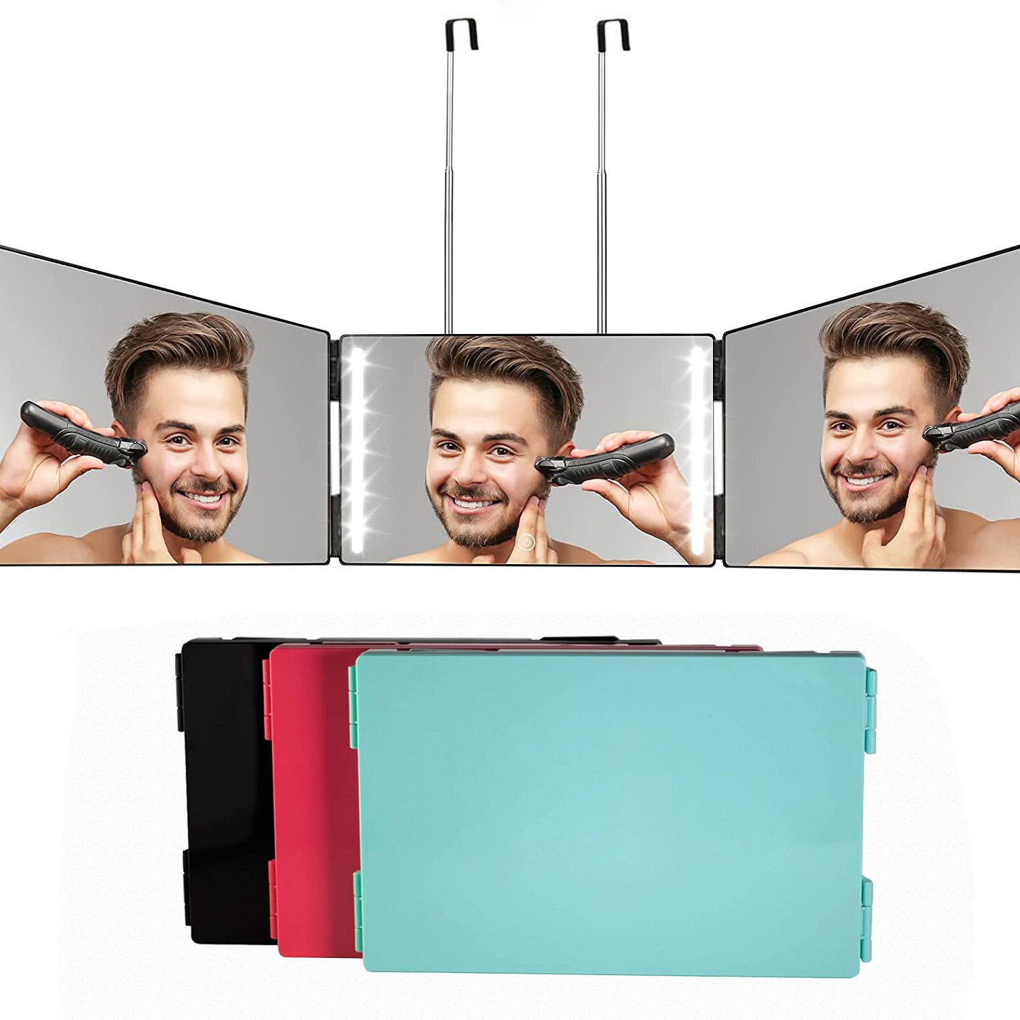 2025新款三面调光LED折叠化妆镜带灯便携悬挂伸缩理发美容镜