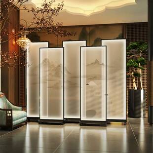 需定制宋式美学丝绢屏风带灯光可移动中式古典山水酒店会所茶室隔