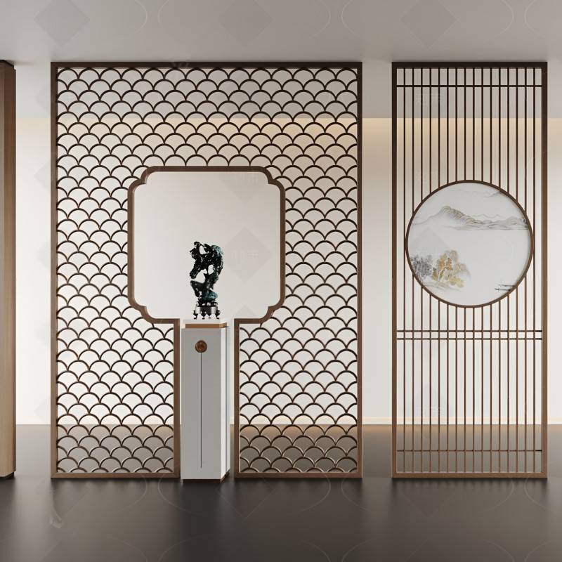 定制不锈钢屏风隔断新中式酒店餐厅会所客厅玄关雕花镂空隔断格栅