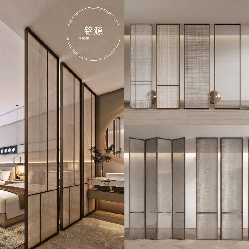 艺术夹丝玻璃不锈钢屏风新中式隔断热熔弧形玻璃酒店餐厅卡座