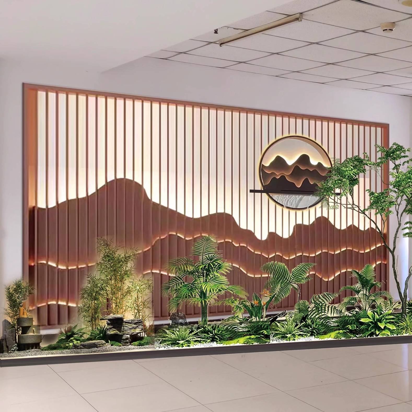 新中式不锈钢假山屏风隔断户外庭院影壁墙别墅酒店金属格栅背景墙