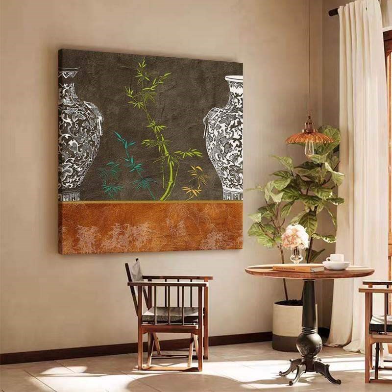 速发新中式竹报平安手绘油画客厅玄关青花瓷装饰画风餐厅竹子挂画图片