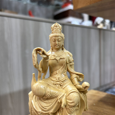 速发黄杨木雕杨柳枝实木南海观音佛像坐式净瓶观音工艺礼品