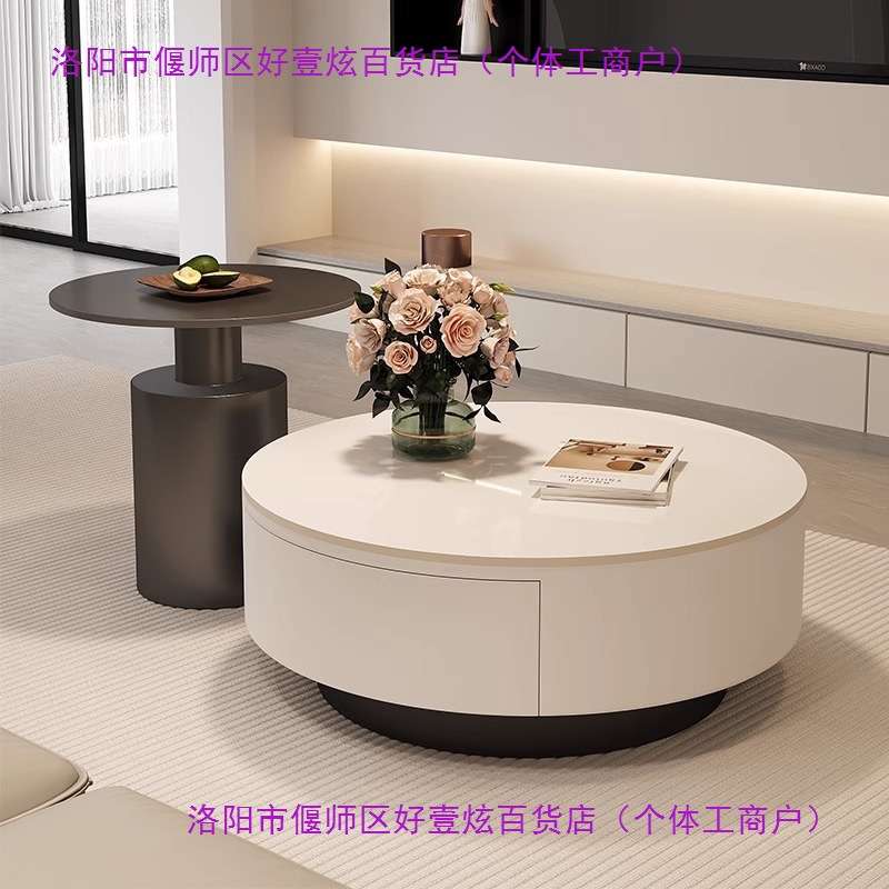 设计师新款轻奢圆形岩板茶几小户型客厅家用极简茶桌感组合