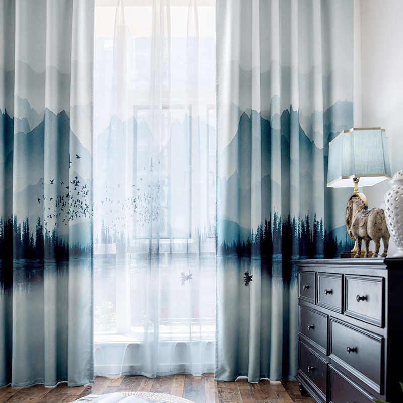 中布料窗纱2024年客厅成品简约窗帘新款现代遮光国风山水画中式