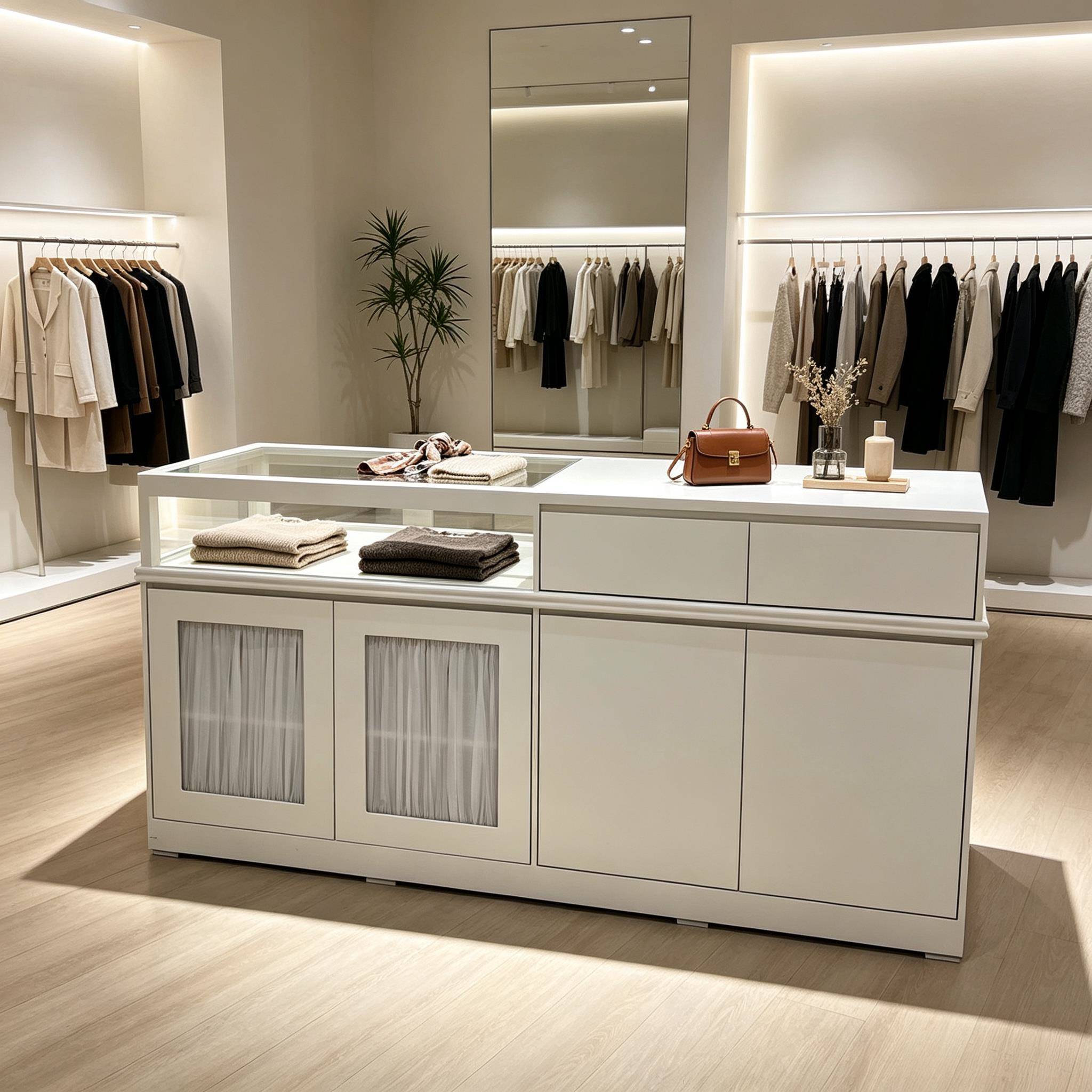 服装店收银柜台吧台女装店中岛台流水台展示柜边柜饰品展示柜收纳图片