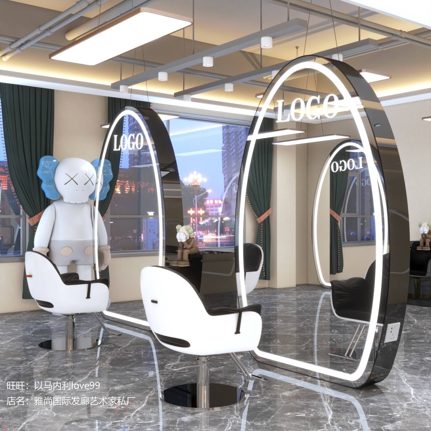 需定制美发店镜台双面led带灯落地全身镜不锈钢网红理发店镜子发