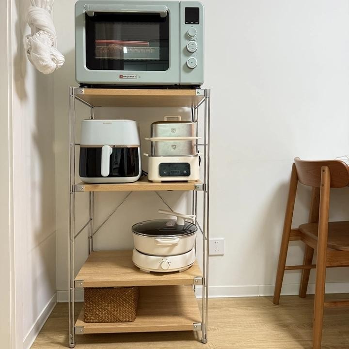 需定制日式原木置物架厨房微波炉收纳层架多层展示架阳台家用落地