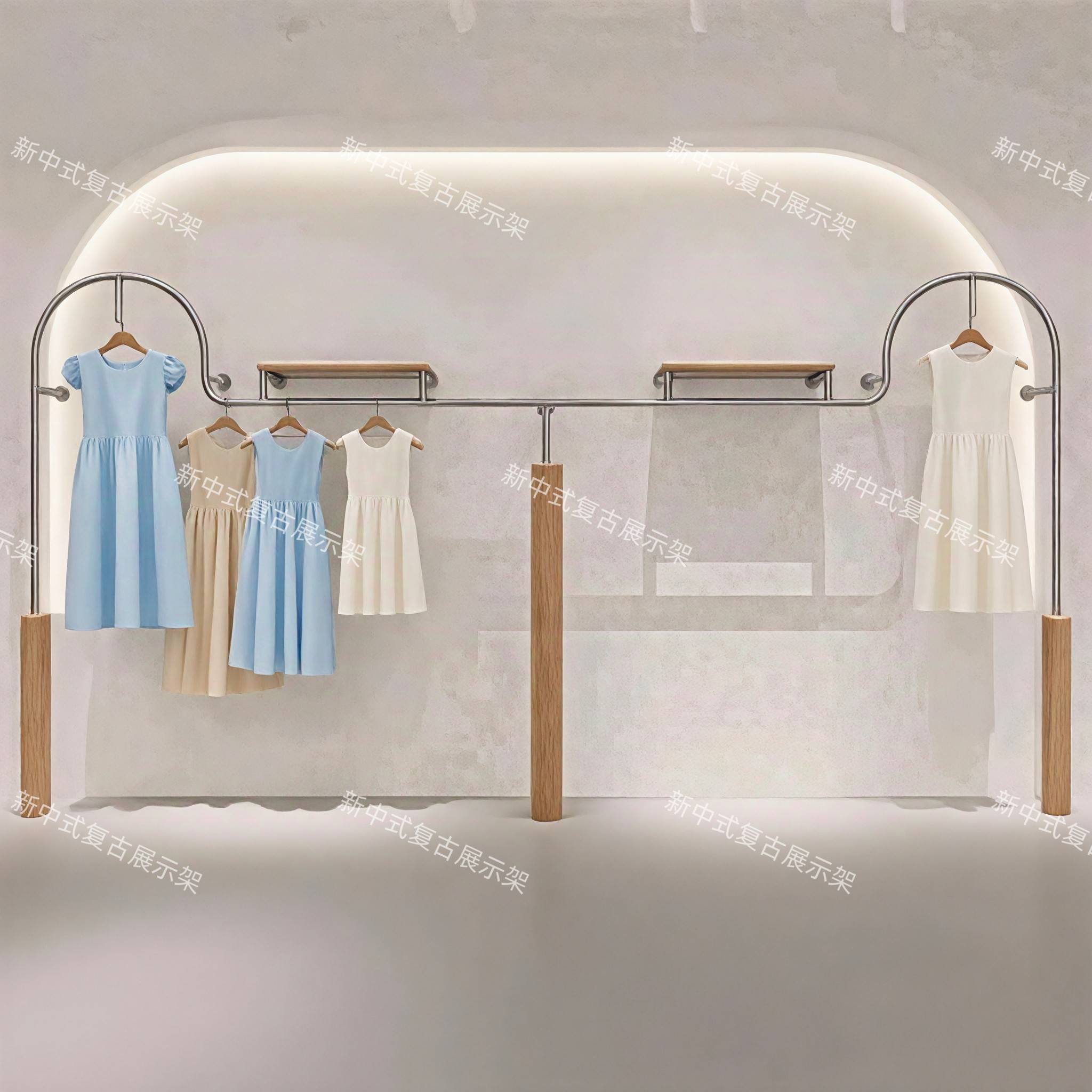 需定制服装店展示架上墙壁挂式落地不锈钢原木色挂衣服架女装店陈