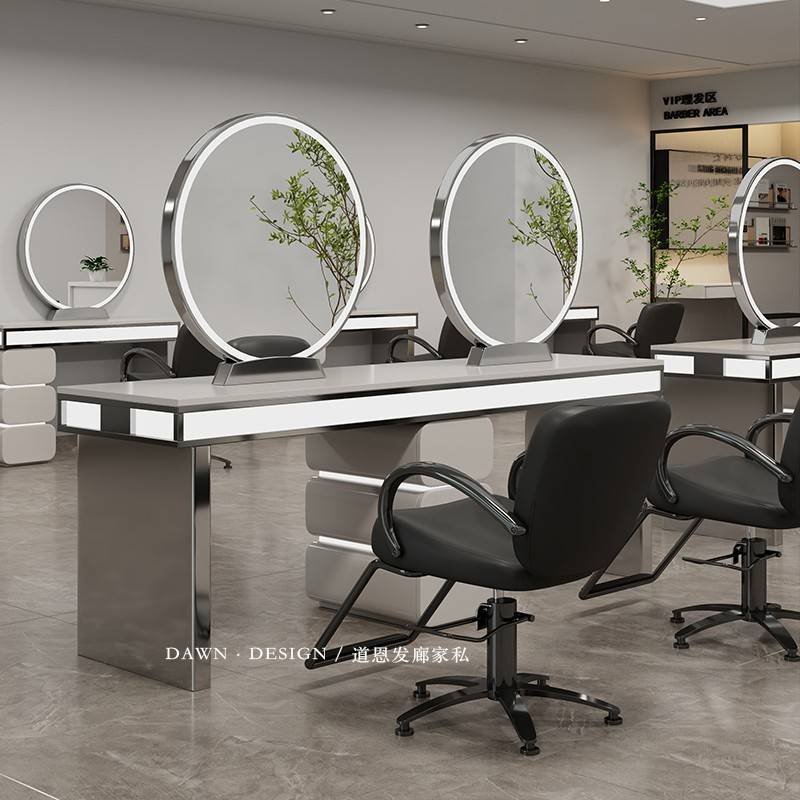 需定制理发店镜台柜子一体LED发廊专用椅子网红剪发烫染桌美发镜