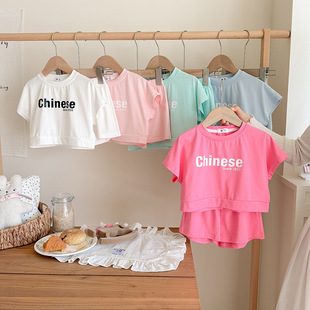 男女童夏季套装2026韩版字母印花短袖短裤两件套辣妹风T学院风套