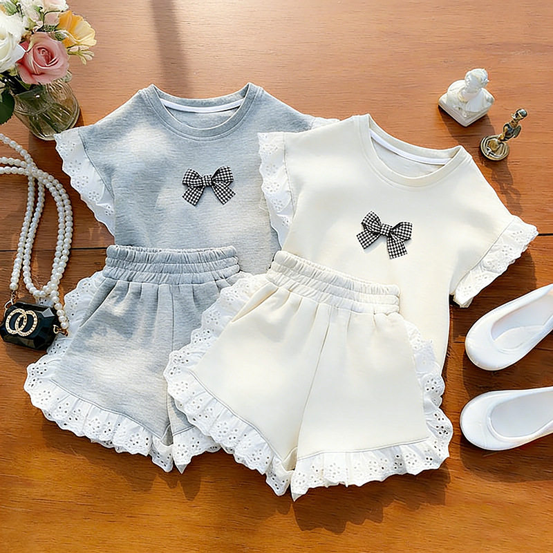 女童韩版ins夏装短袖短裤套装T恤衣服宝宝洋气蝴蝶结运动服中小童