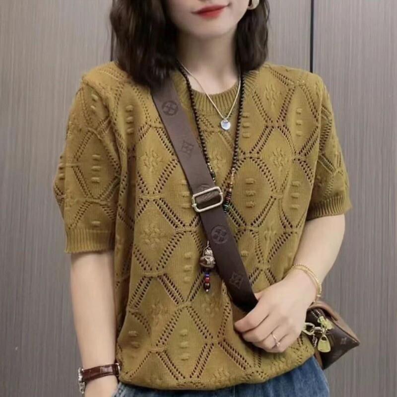 法式缕空薄款针织衫短袖女2025夏季新款时尚洋气减龄宽松圆领上衣
