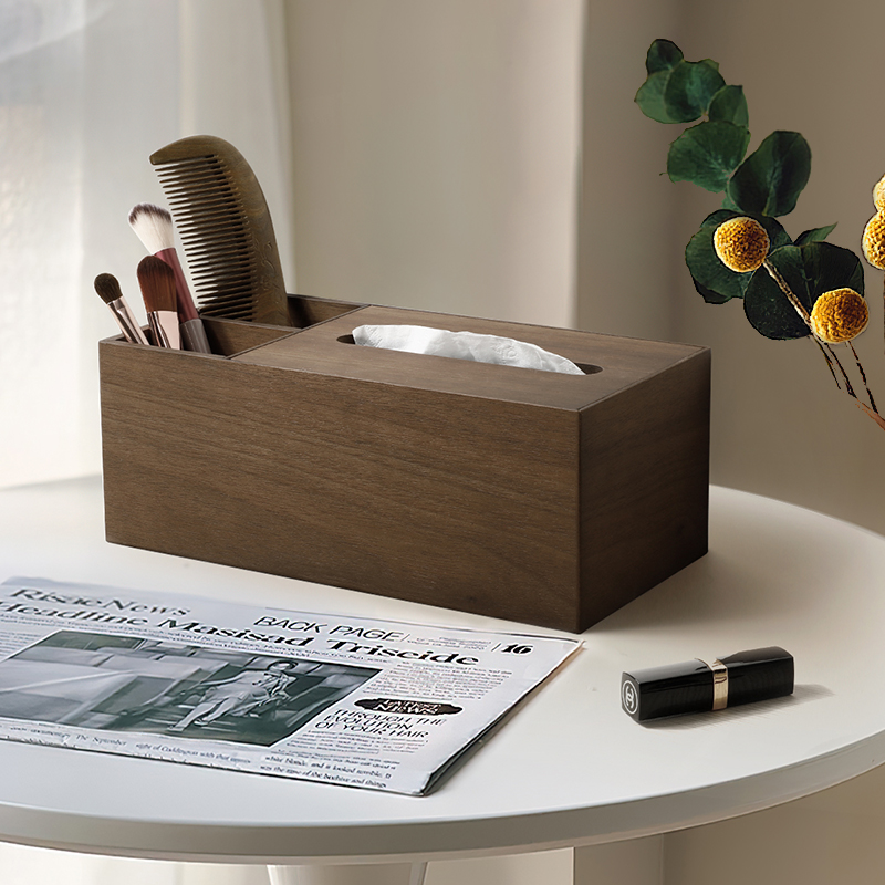 胡桃木色实木纸巾盒客厅轻奢多功能收纳一体放遥控抽纸纸巾盒