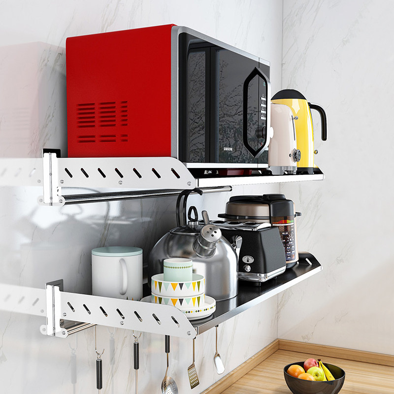 304不锈钢免打孔墙上收纳架微波炉架厨房置物架壁挂式烤箱支架子