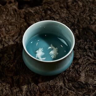 龙泉青瓷手工主人杯中式 双鱼款 复古单杯子陶瓷功夫茶杯品茗杯茶具
