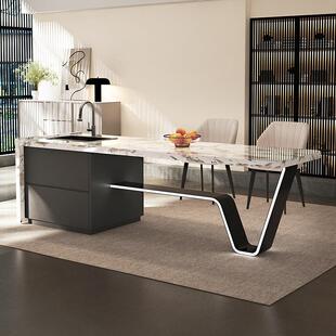 法式齐平岛台餐桌一体家用多功能厨房岩板导台带水槽龙台头定制