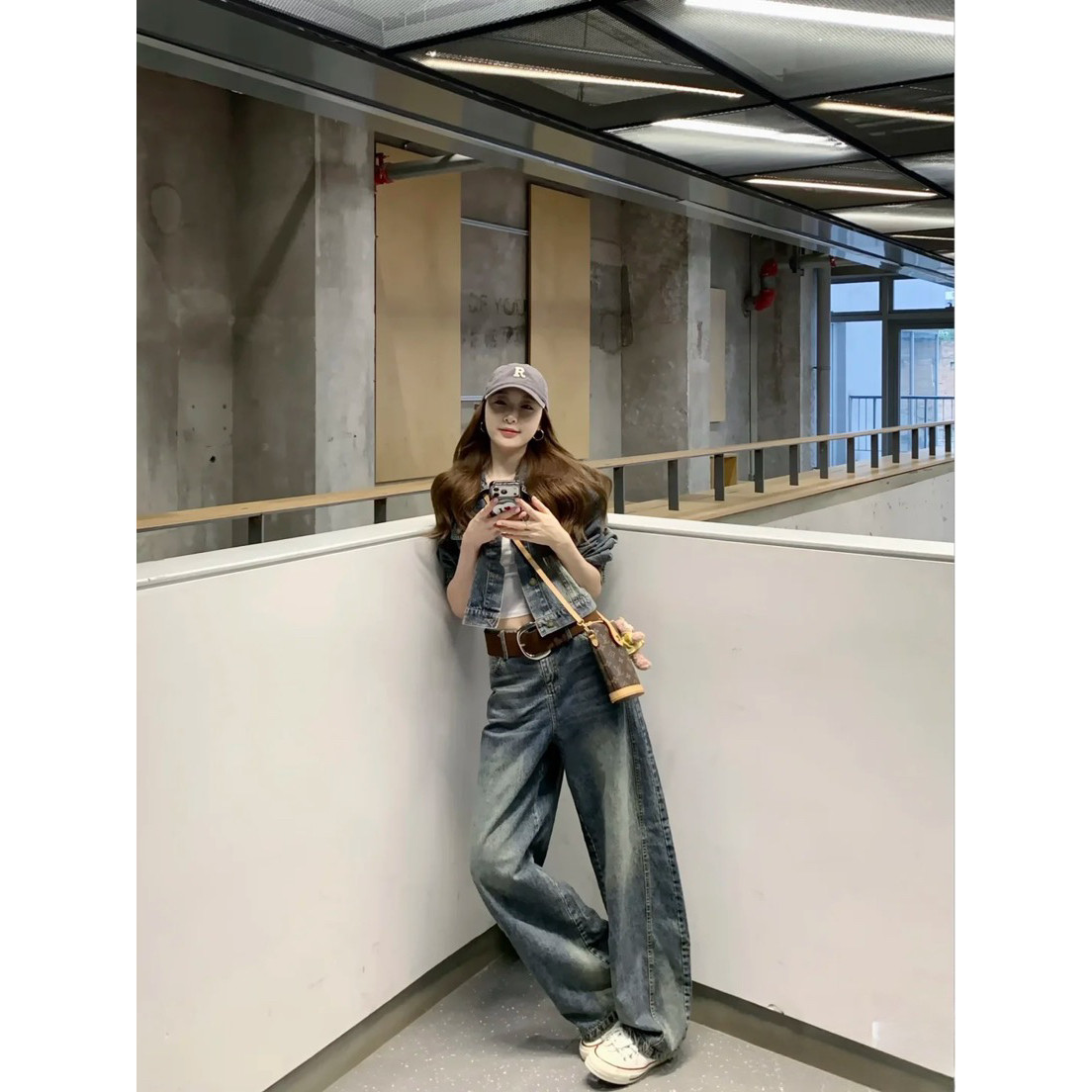 美式复古辣妹牛仔套装女秋外套一整套复古酷飒夹克阔腿长裤两件套