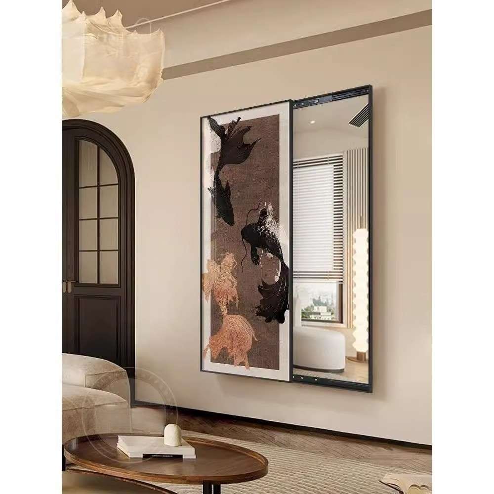 壁画遮挡镜全身挂画中穿衣镜镜子推拉装饰画隐形覆古古风玄关卧室