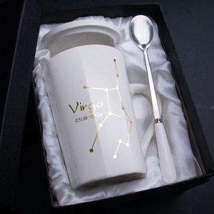 陶瓷马克杯十二星座咖啡杯带盖勺情侣水杯礼品家用杯子 创意个性