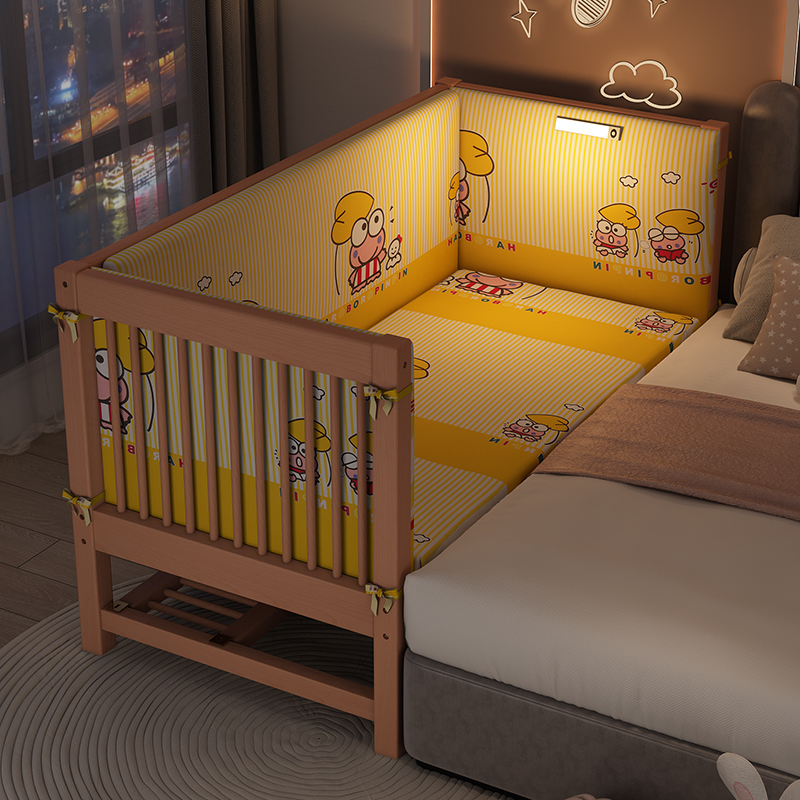 多功能榉木儿童床拼接床婴儿床实木床延边加宽床高护栏宝宝床定制