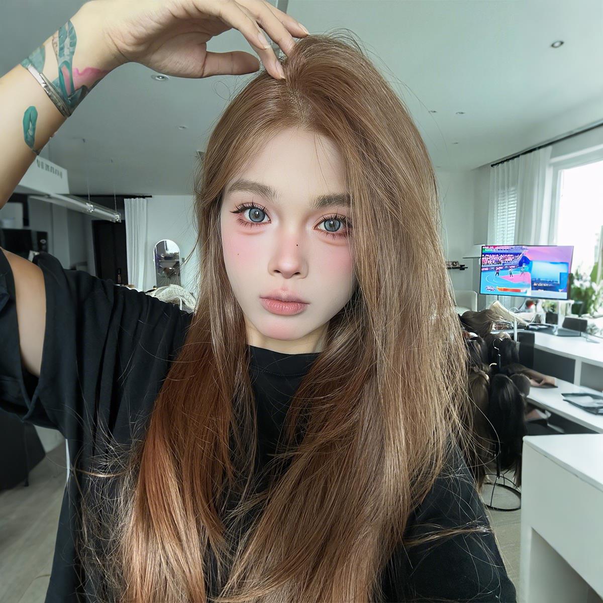 《浩存妹妹》黑茶棕色假发女全头套气质高层次直发大面积蕾丝假发