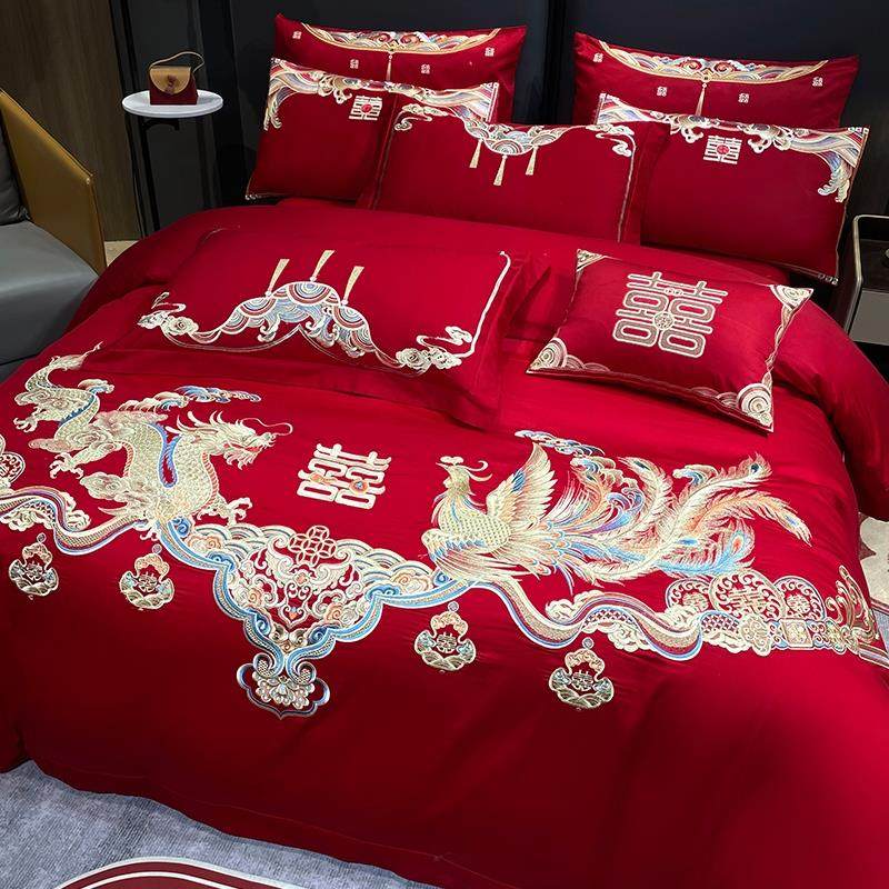 婚庆四件套大红刺绣龙凤结婚礼新婚房喜被床上用品红色婚嫁喜庆